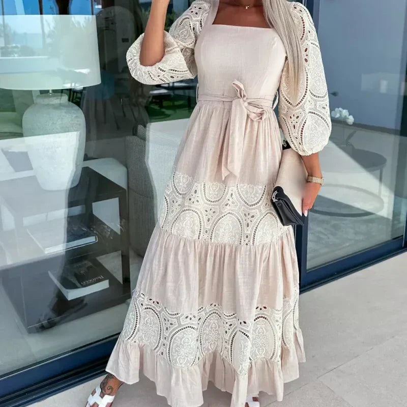 💖Limited Sale 50% OFF💖Women’s Trendy Patchwork Tie Waist Square Neck Long Dress