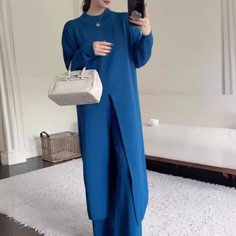 Knitted Slit Top & Long Pants 2-Piece Set