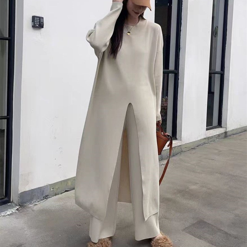 Knitted Slit Top & Long Pants 2-Piece Set