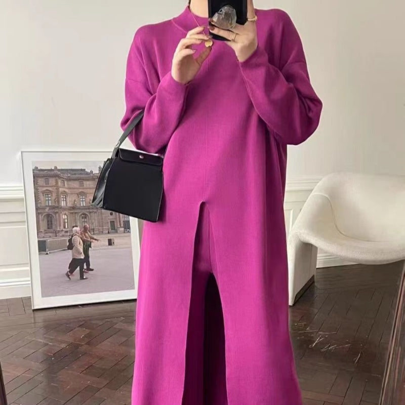 Knitted Slit Top & Long Pants 2-Piece Set