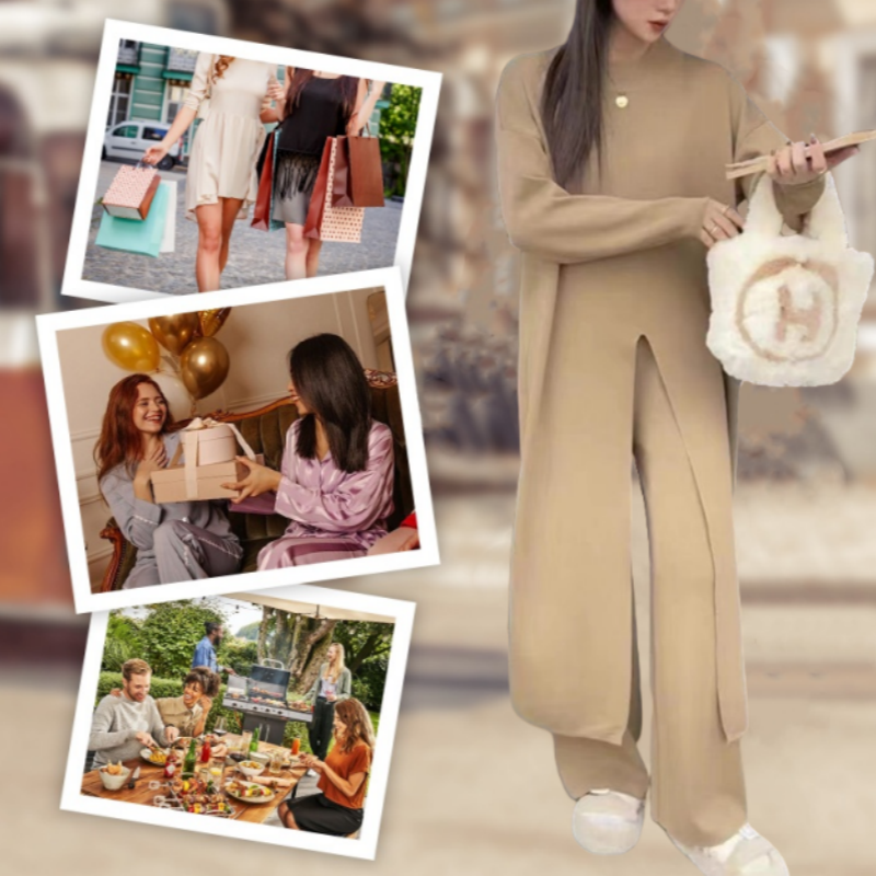 Knitted Slit Top & Long Pants 2-Piece Set
