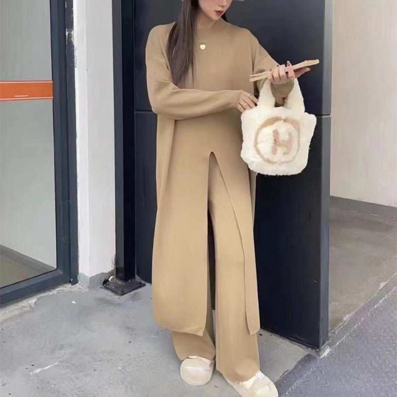 Knitted Slit Top & Long Pants 2-Piece Set