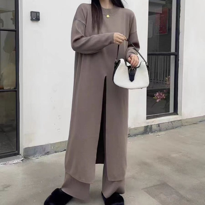 Knitted Slit Top & Long Pants 2-Piece Set