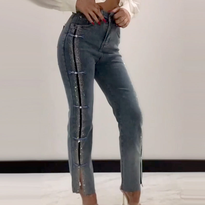 đâ¨Damen Jeans mit glänzenden Strasssteinen und schickem Schlitzâ¨