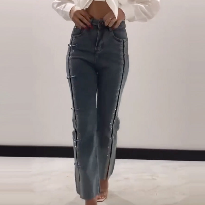 đâ¨Damen Jeans mit glänzenden Strasssteinen und schickem Schlitzâ¨