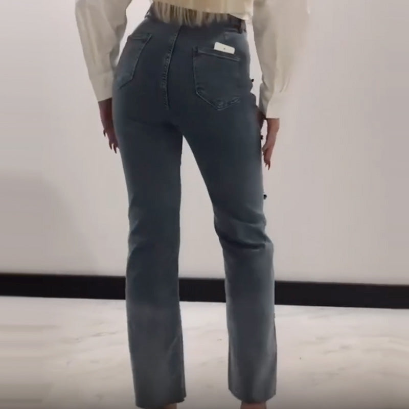 đâ¨Damen Jeans mit glänzenden Strasssteinen und schickem Schlitzâ¨