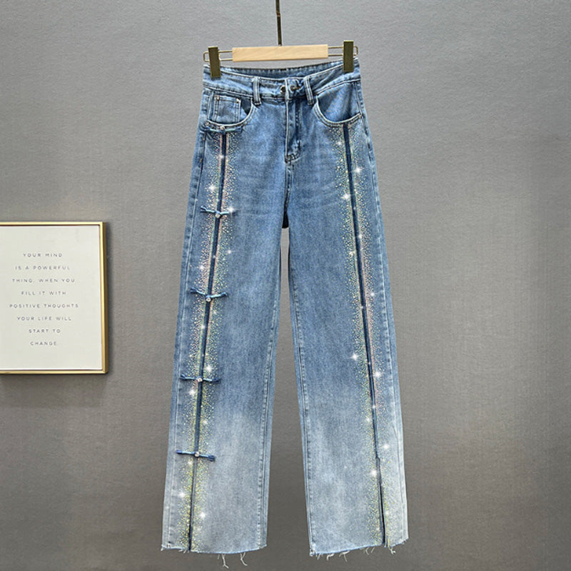 đâ¨Damen Jeans mit glänzenden Strasssteinen und schickem Schlitzâ¨
