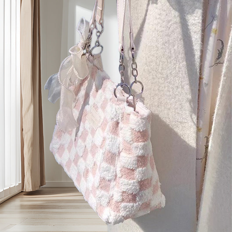 🎁Women's Fashion Plush Plaid Shoulder Tote Bag