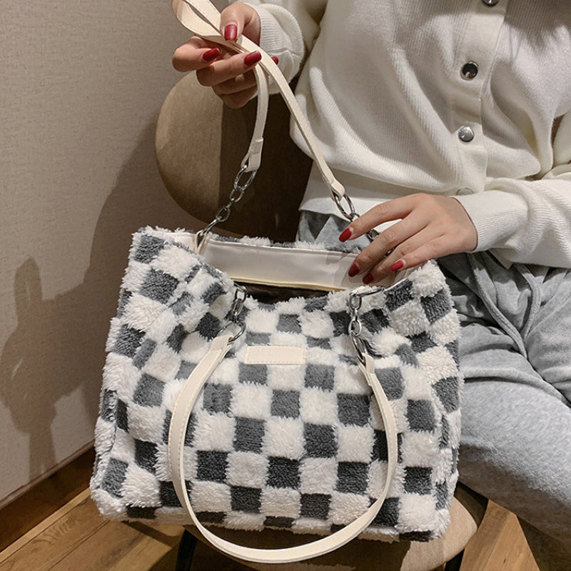 🎁Women's Fashion Plush Plaid Shoulder Tote Bag