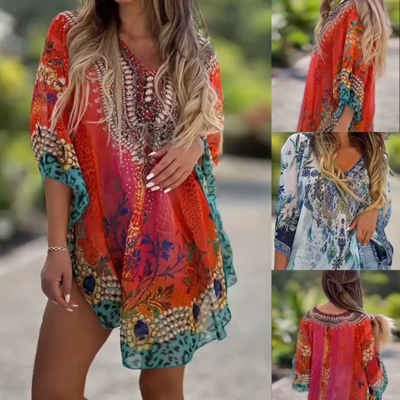 Asymmetric women's dress with V-neck and loose cut