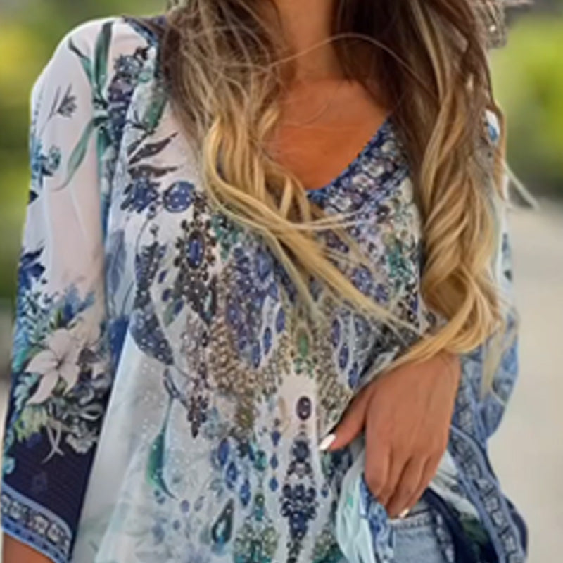 Asymmetric women's dress with V-neck and loose cut