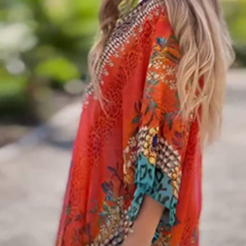 Asymmetric women's dress with V-neck and loose cut