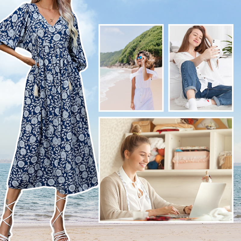 Women’s Elegant Floral Print V-Neck Long Dress