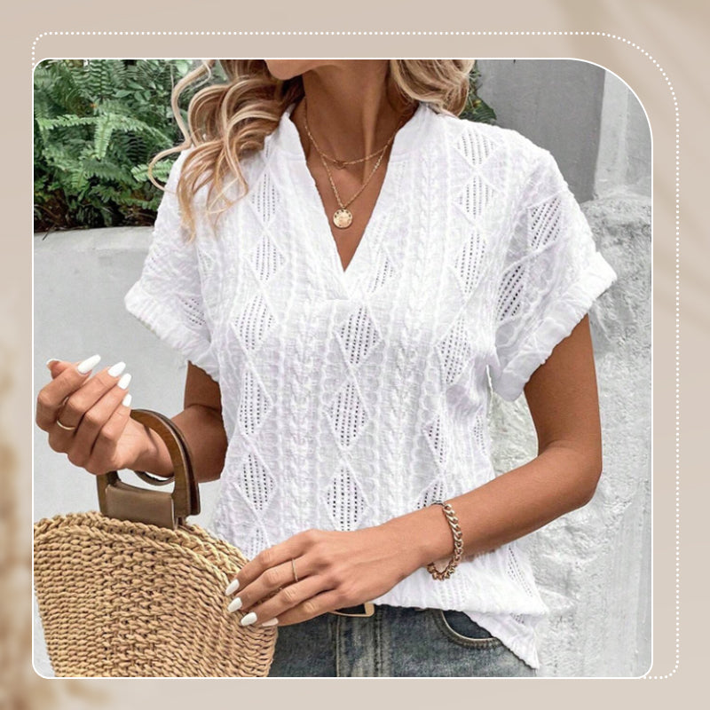 Women's V-Neck Jacquard Short Sleeve Loose Shirt