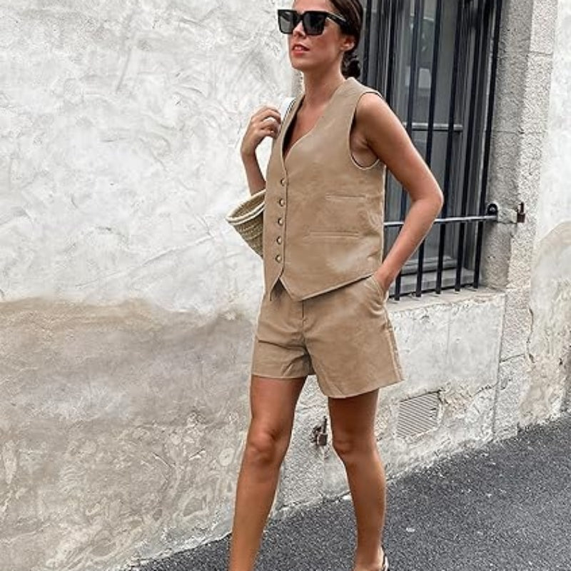 Women’s Casual Sleeveless V-Neck Top & Shorts Two-Piece Set