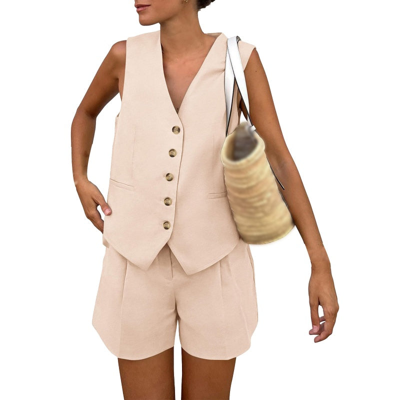 Women’s Casual Sleeveless V-Neck Top & Shorts Two-Piece Set