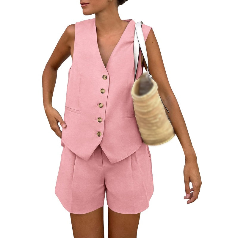 Women’s Casual Sleeveless V-Neck Top & Shorts Two-Piece Set