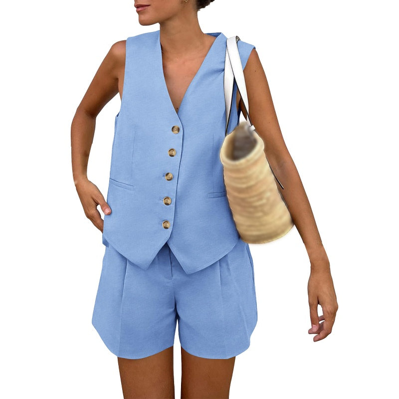 Women’s Casual Sleeveless V-Neck Top & Shorts Two-Piece Set