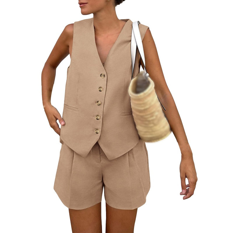 Women’s Casual Sleeveless V-Neck Top & Shorts Two-Piece Set