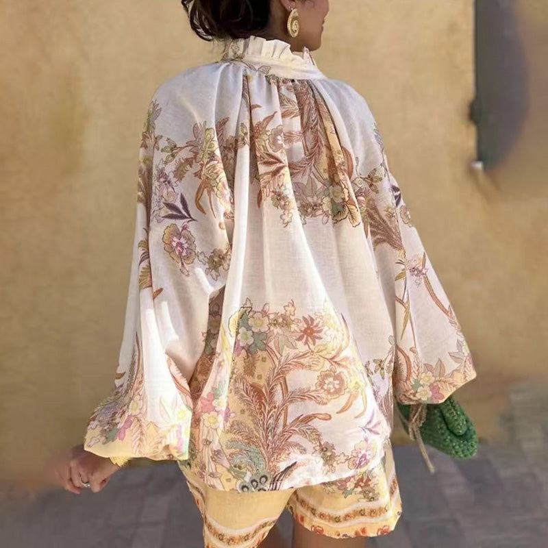 Women’s Vintage Floral Print Top & Shorts Two-Piece Set
