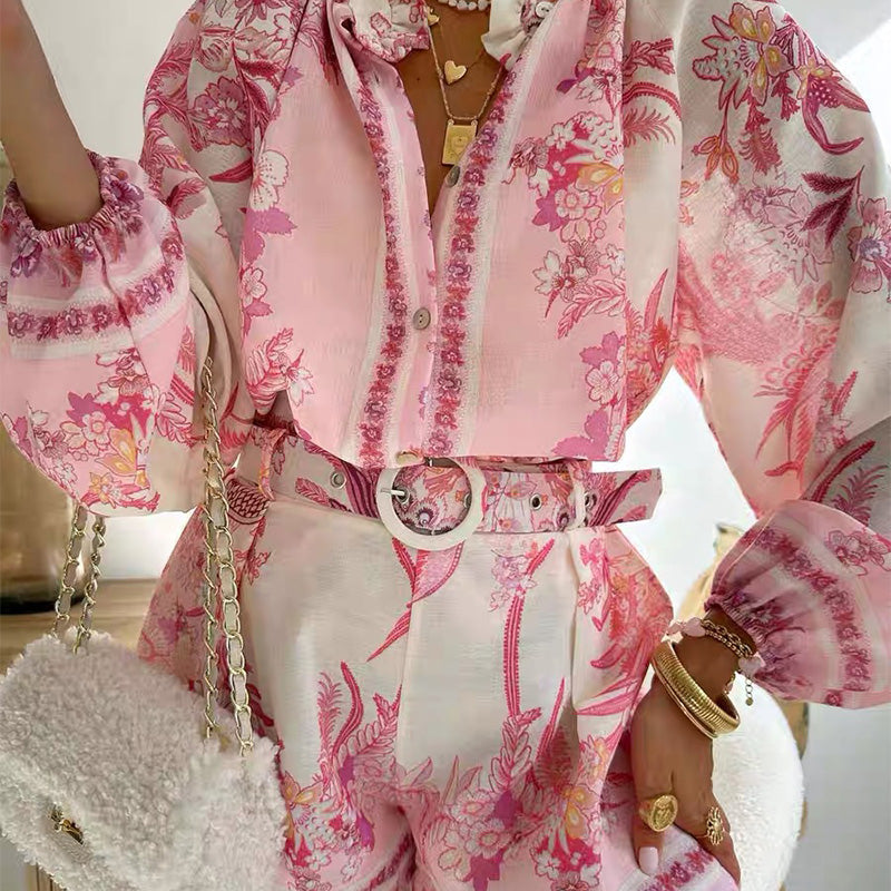 Women’s Vintage Floral Print Top & Shorts Two-Piece Set