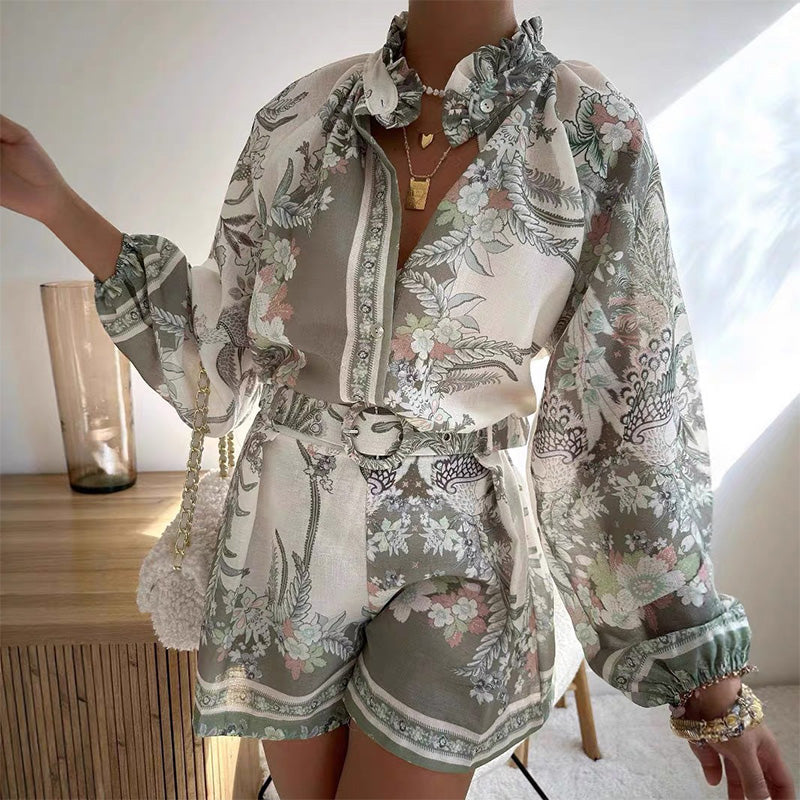 Women’s Vintage Floral Print Top & Shorts Two-Piece Set