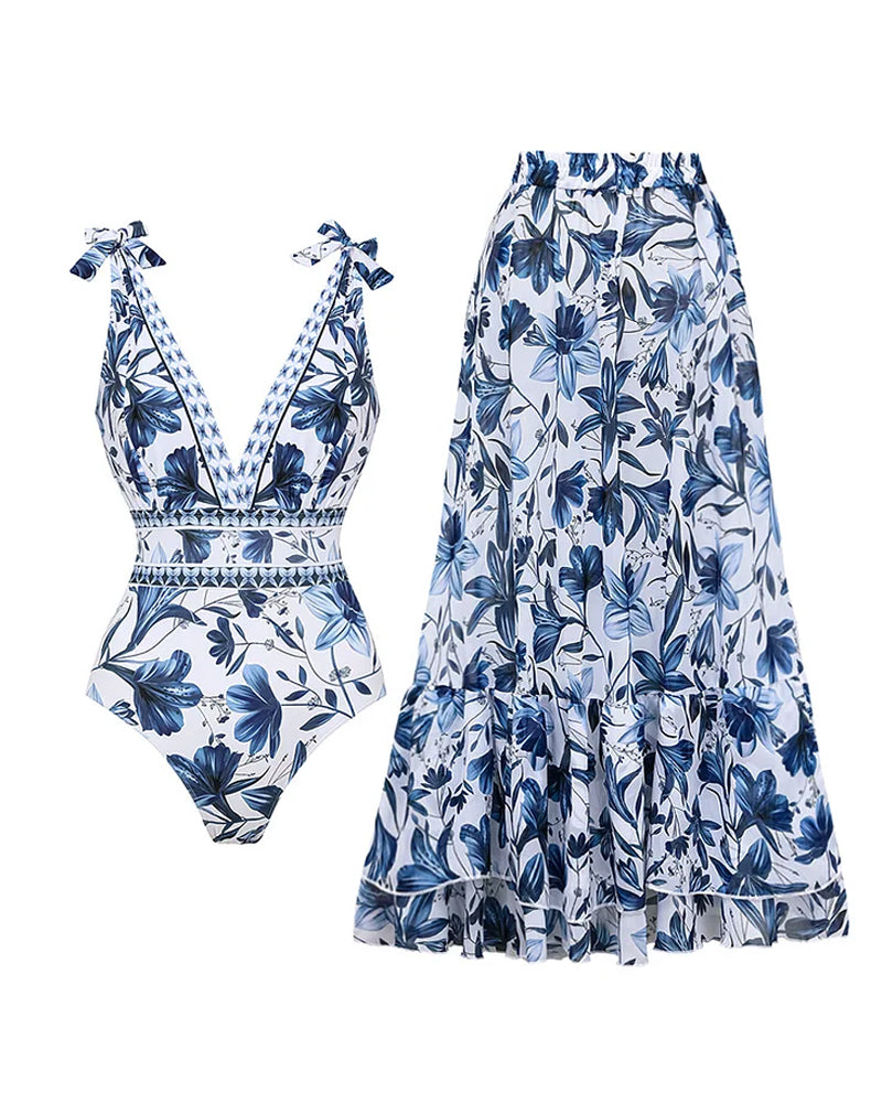 šSpring NewšV Neck Lace Up Printed One Piece Swimsuit and Skirt