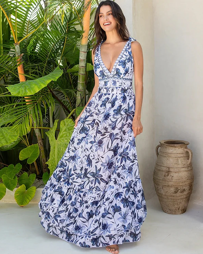 šSpring NewšV Neck Lace Up Printed One Piece Swimsuit and Skirt