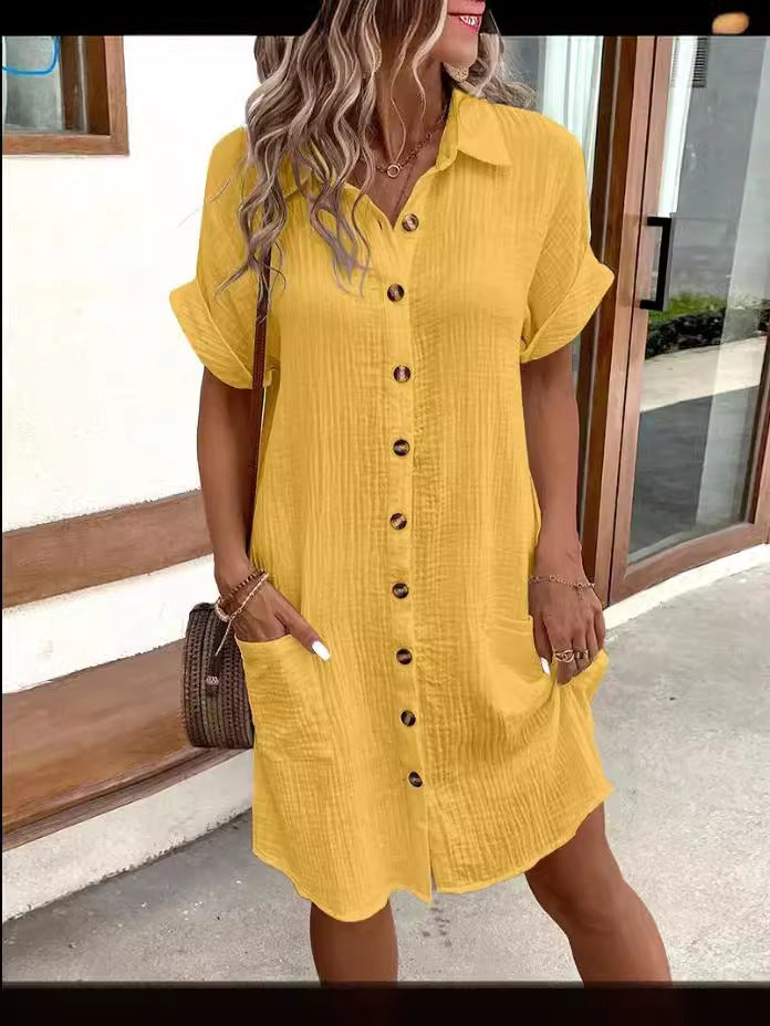 💝Women's Buttoned Short Sleeve Pocket Casual Shirt Dress