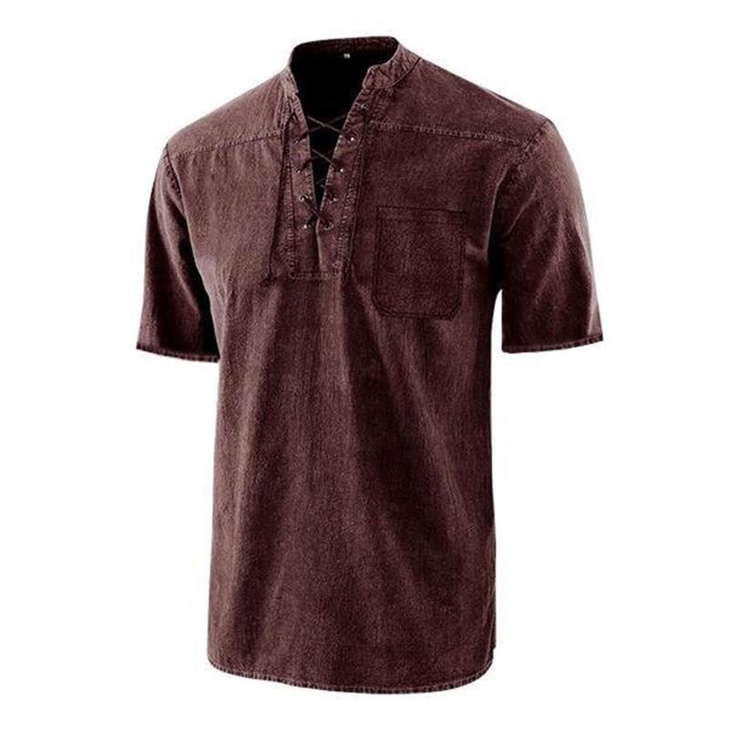 Men Gothic Retro T-Shirt, Lace-up V-neck, Linen Pocket