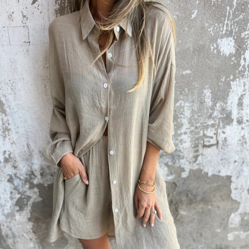 ✨Spring Specials✨Women's Casual Long Sleeve Shirt & Shorts Two-Piece Set