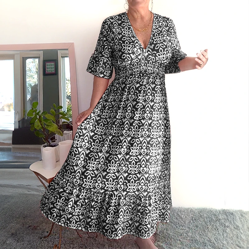 🔥Hot Sale🔥Bohemian casual print V-neck waist wrap long dress