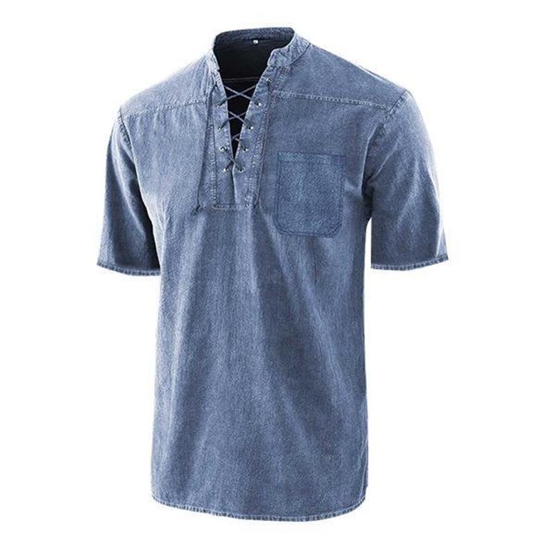 Men Gothic Retro T-Shirt, Lace-up V-neck, Linen Pocket