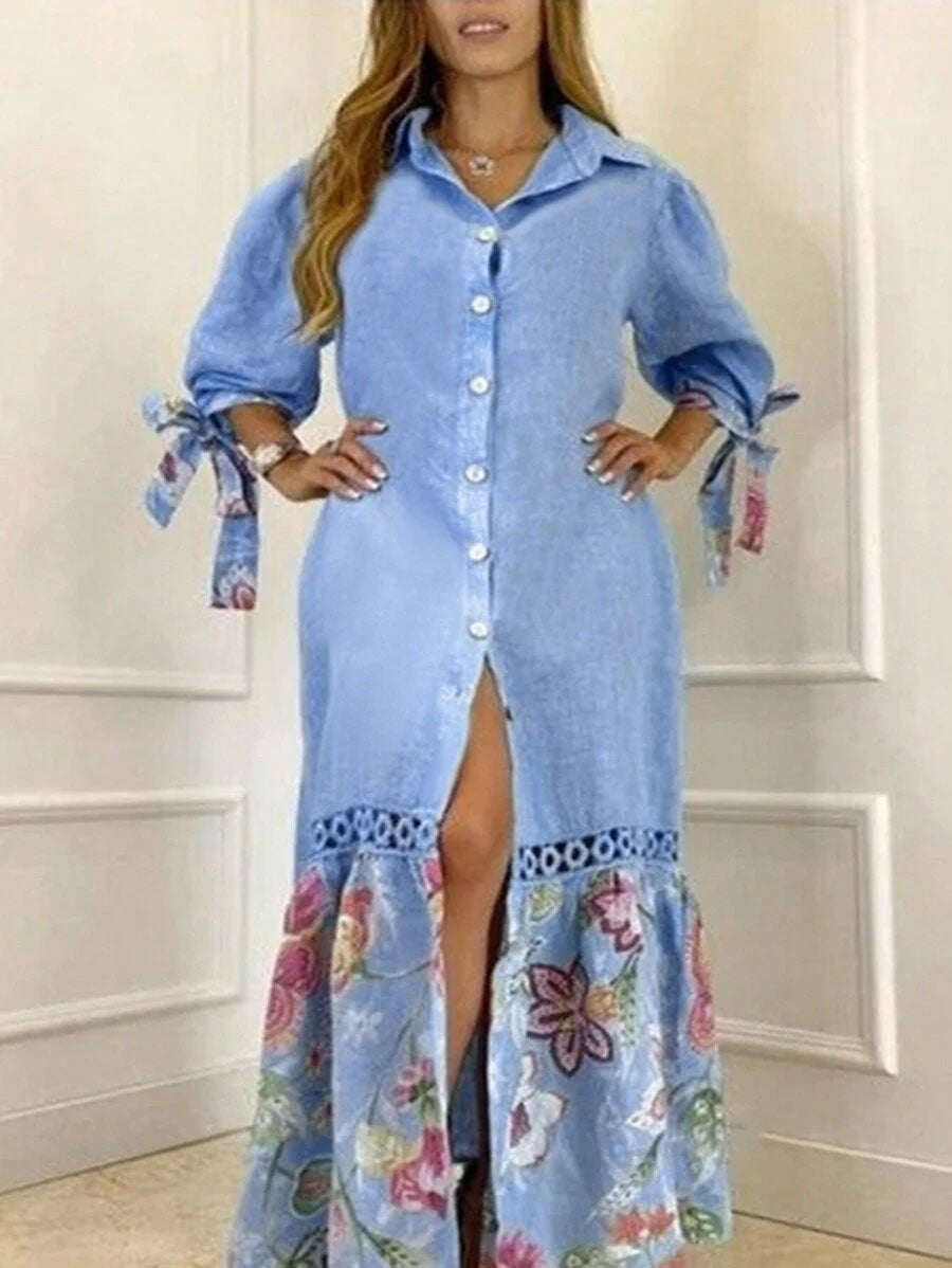 LUNE Women's Casual Lace Patchwork Floral Printed Sleeve Cuff Ribbon Belted Shirt Dress (Random Print)