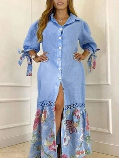 LUNE Women's Casual Lace Patchwork Floral Printed Sleeve Cuff Ribbon Belted Shirt Dress (Random Print)