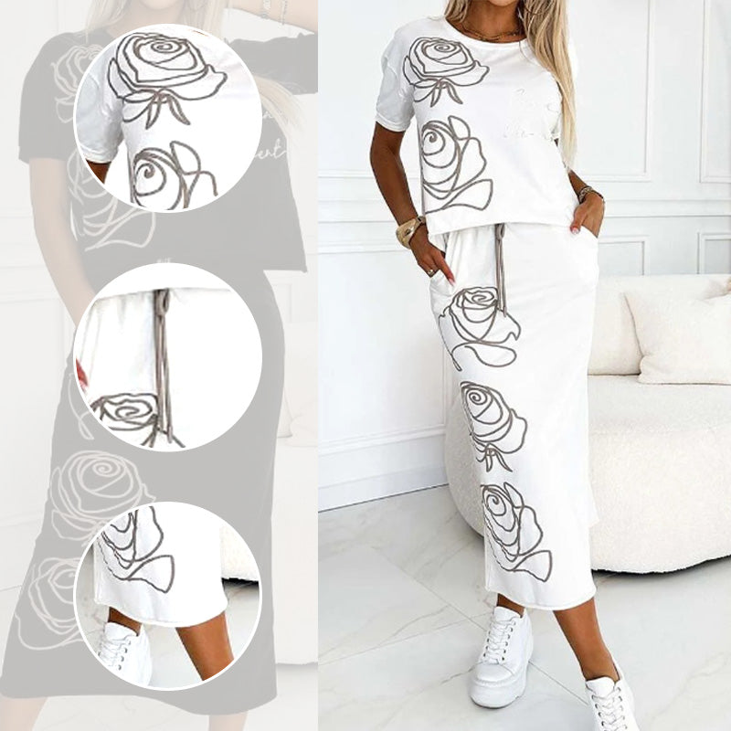 🎉New Hot Sales - 50% OFF💕Women's casual two-piece floral T-shirt and mid-length skirt set