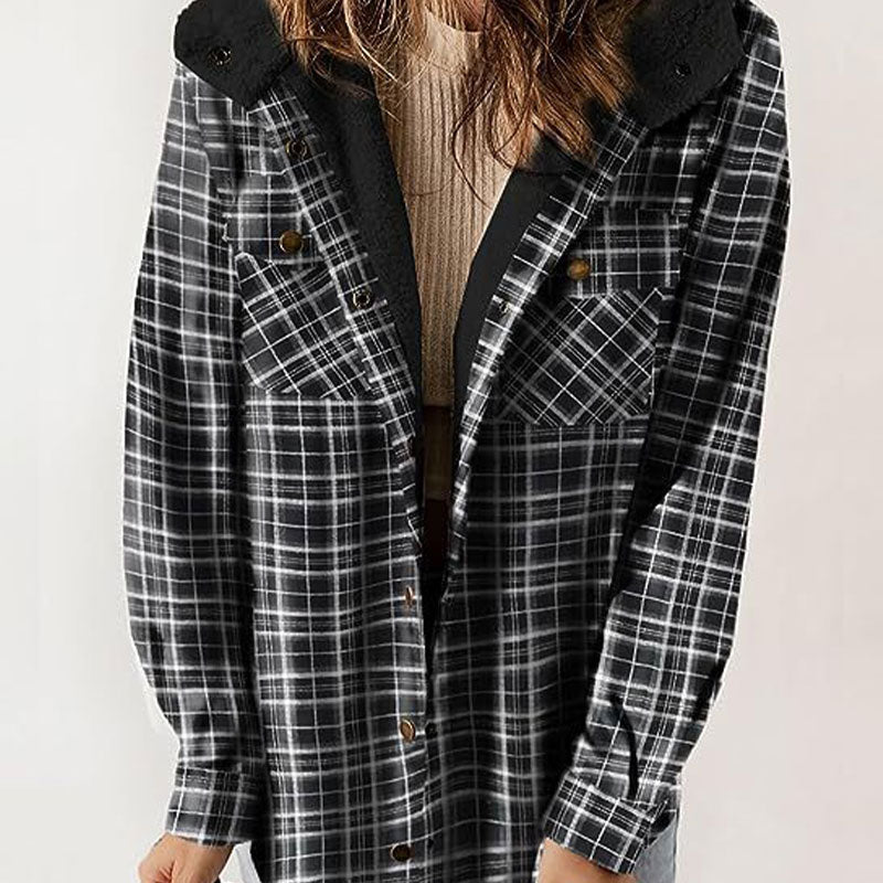 ⏰Free shipping⏰WOMEN'S THICKENED FLANNEL LONG SLEEVE PLAID JACKET COAT WITH HOOD