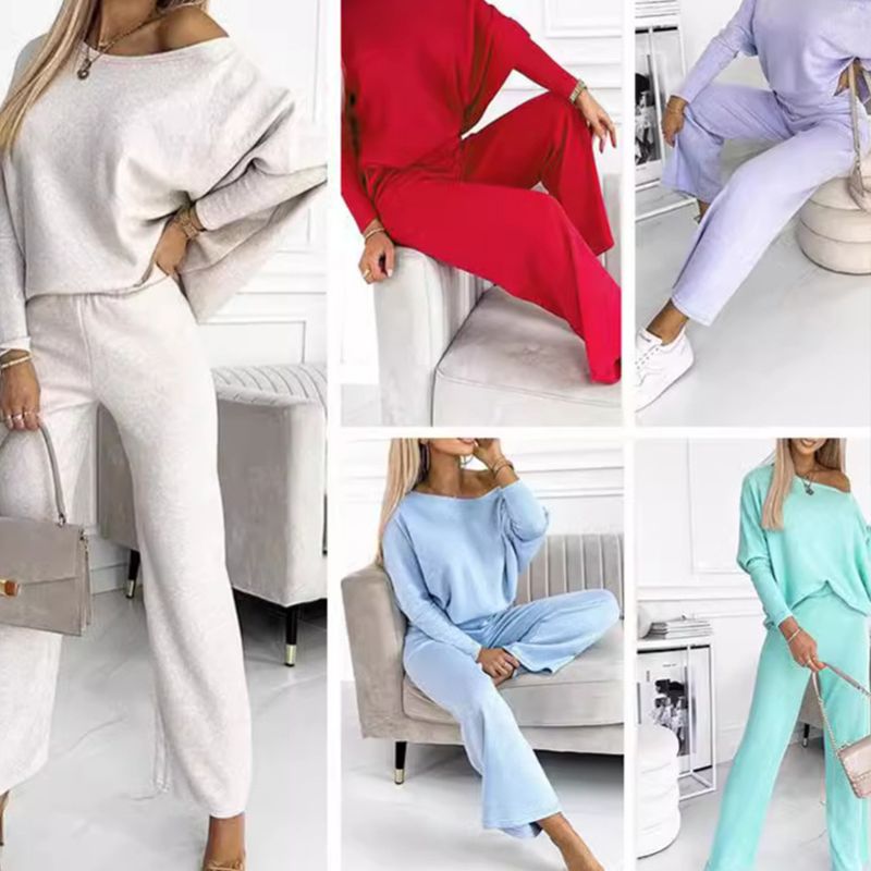 Women's Solid Color Drop Shoulder Pullover and Loose Pants Set