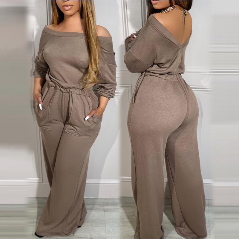 Off Shoulder V-Back Stretchy Waist Jumpsuit