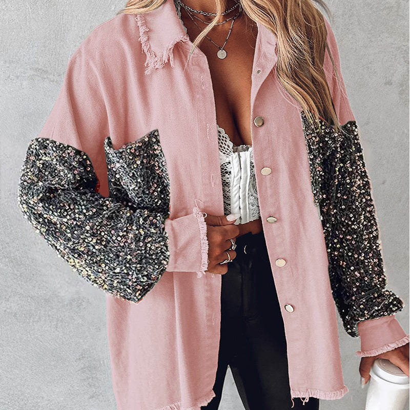 Women's Trendy Sequin Patchwork Coat with Raw Hem