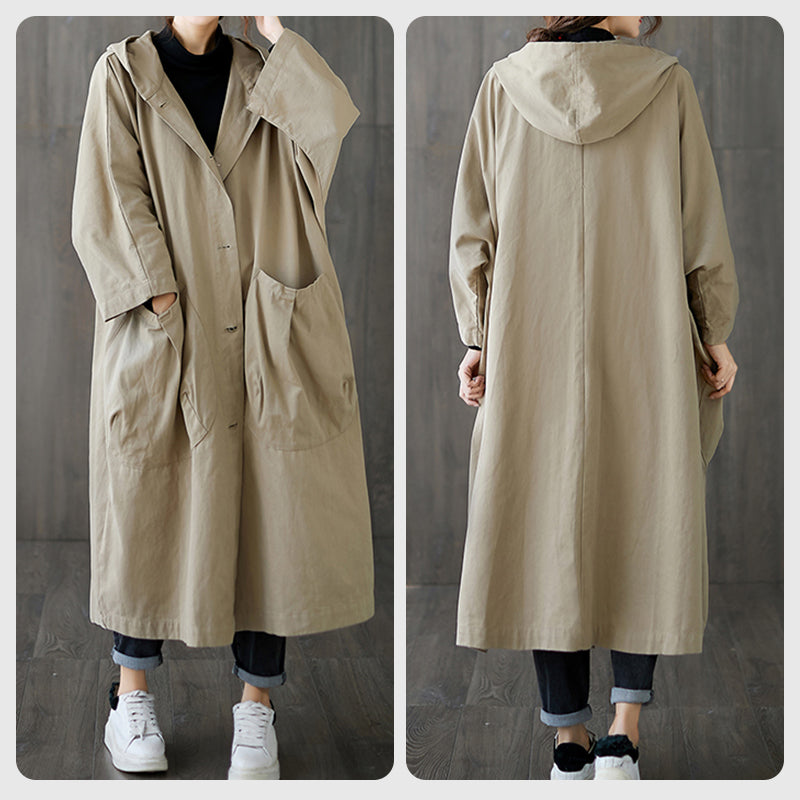 Oversized Large Pocket Hooded Long Trench Coat