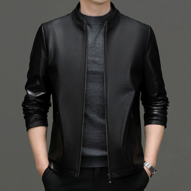 Men's Classic PU Leather Jacket with Zipper Front