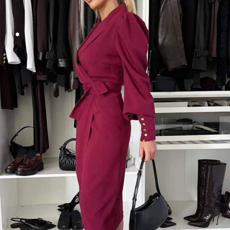 Women's Long-Sleeve V-Neck Tie Waist Split Dress