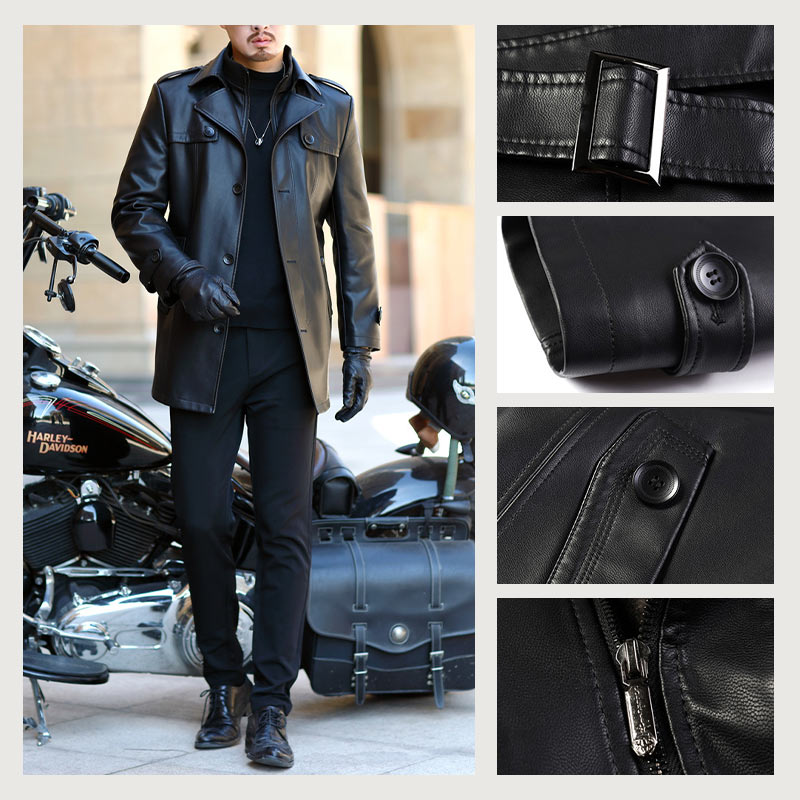 Men's PU Leather Double-Breasted Trench Coat