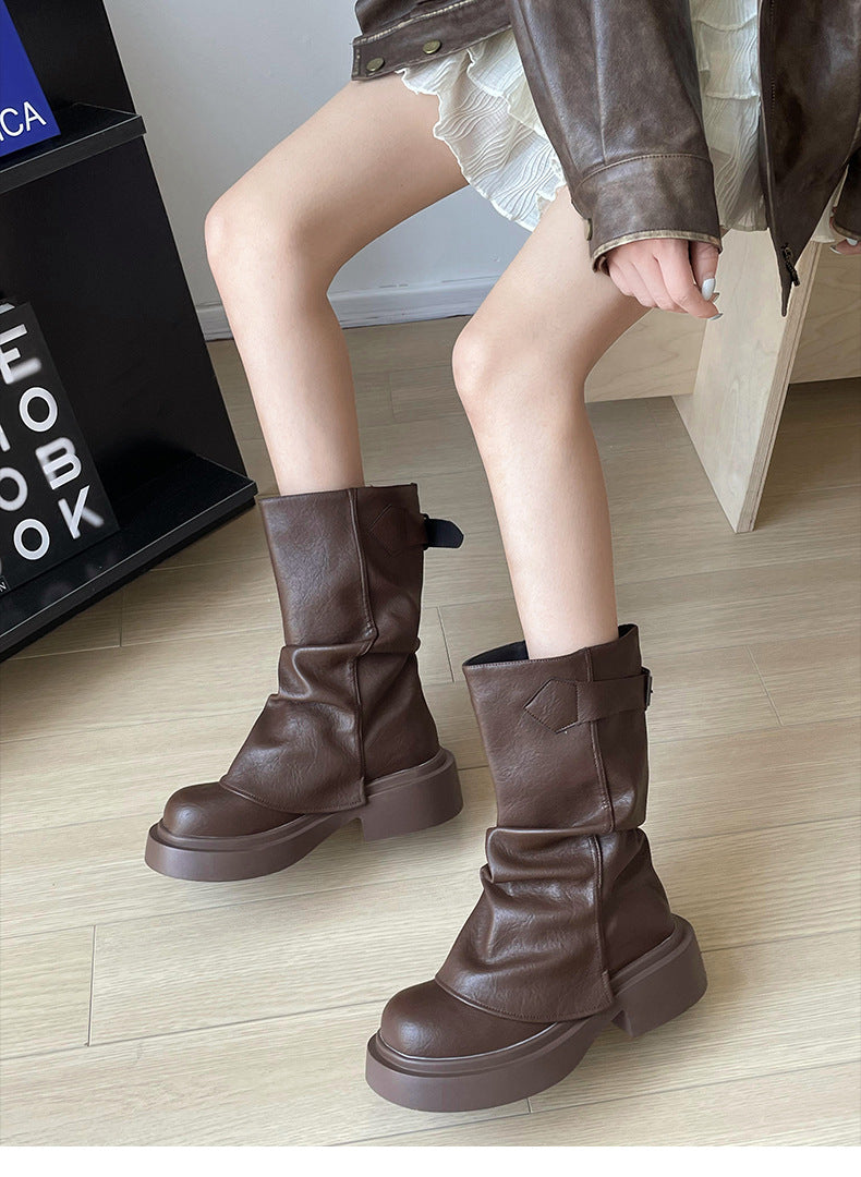 Vintage Mid-Calf Pleated Chunky Heel Boots