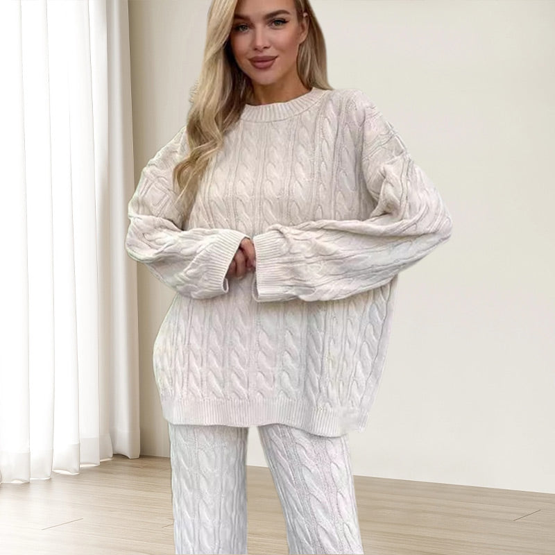 Solid Crew Neck Twist Textured Sweater & Pants Set