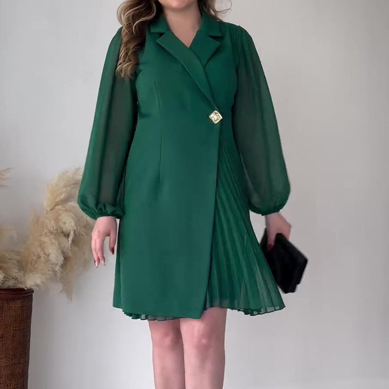 🎅Early Xmas Sales - 50% OFF🎄Lapel Solid Color Ruffle Hem Dress