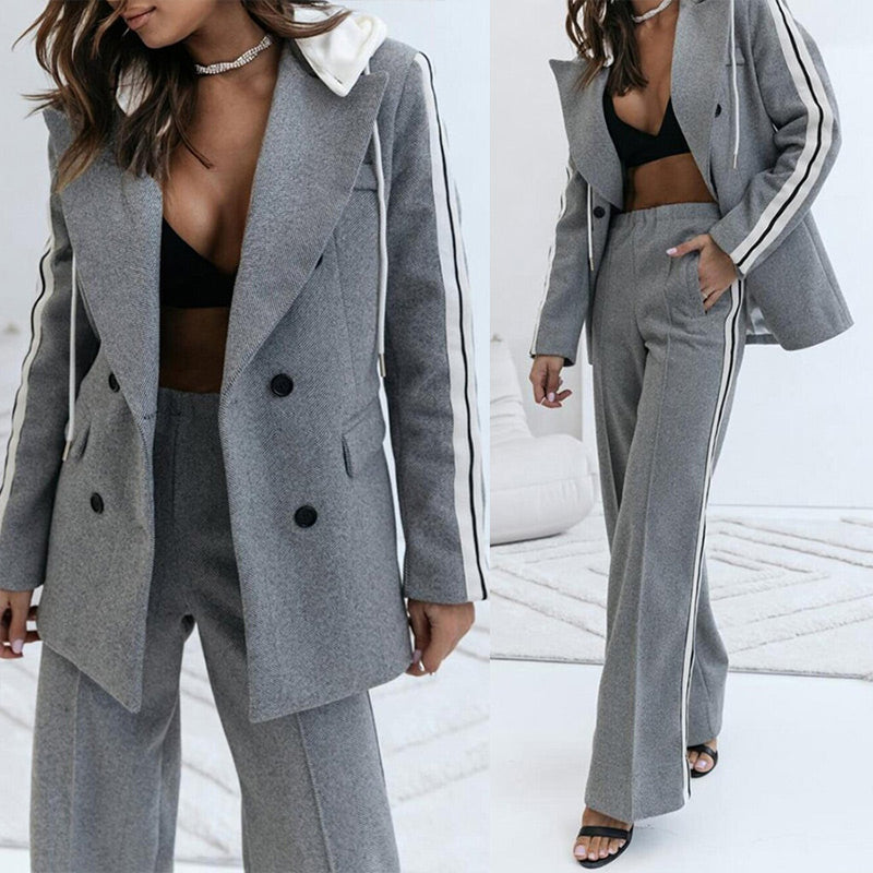 Women’s Casual Gray Blazer Top & Wide-Leg Pants 2-Piece Set