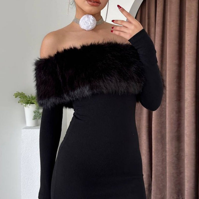 Women's Off-Shoulder Midi Dress with Plush Collar