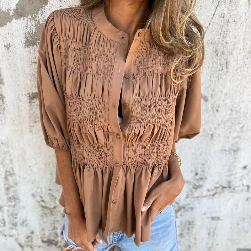 Women’s Casual Pleated Round-neck Button Shirt